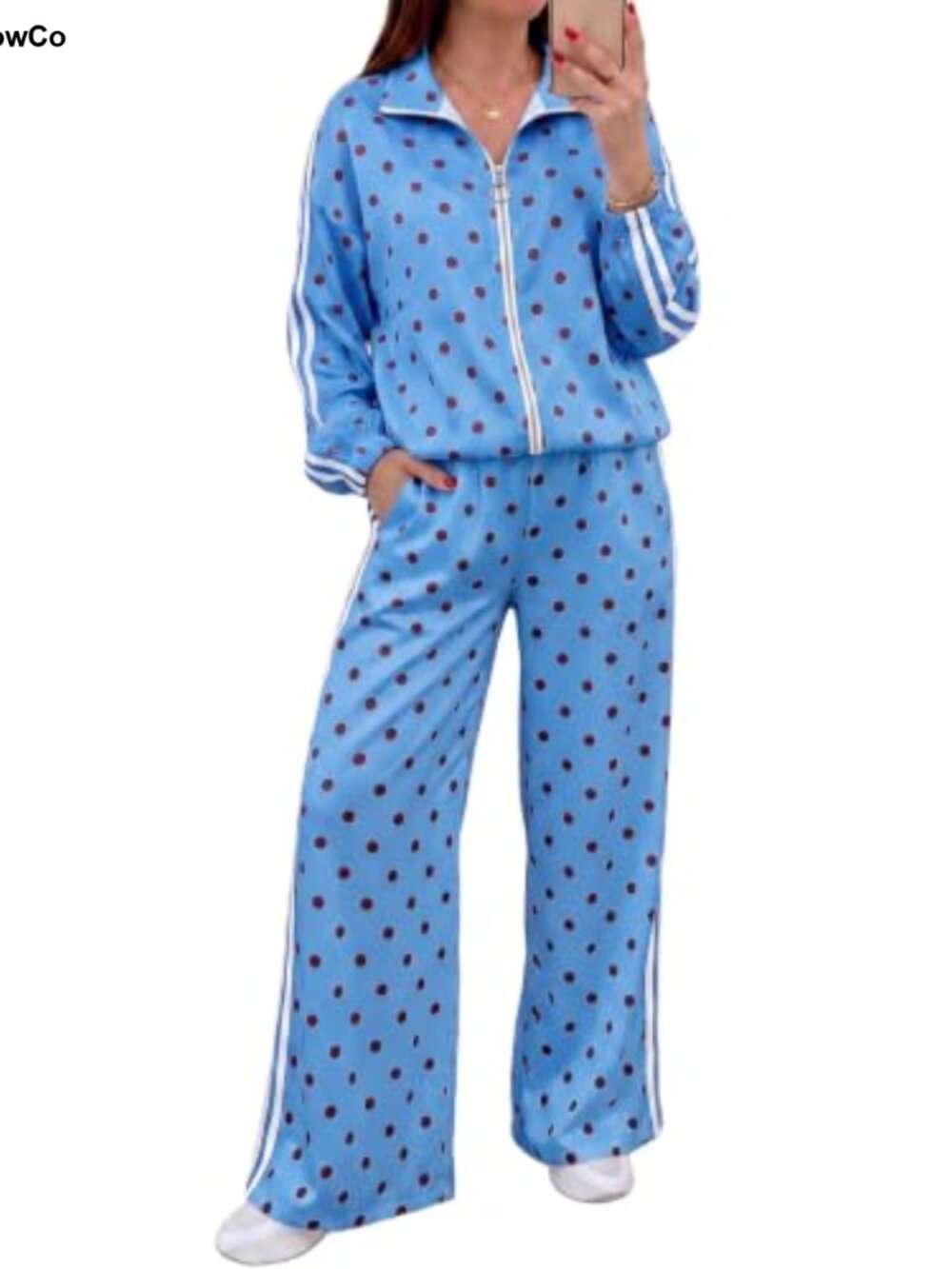 Women's Polka Dot 2 Piece Outfit Zip Up Sweatshirt Wide Leg Pants Set